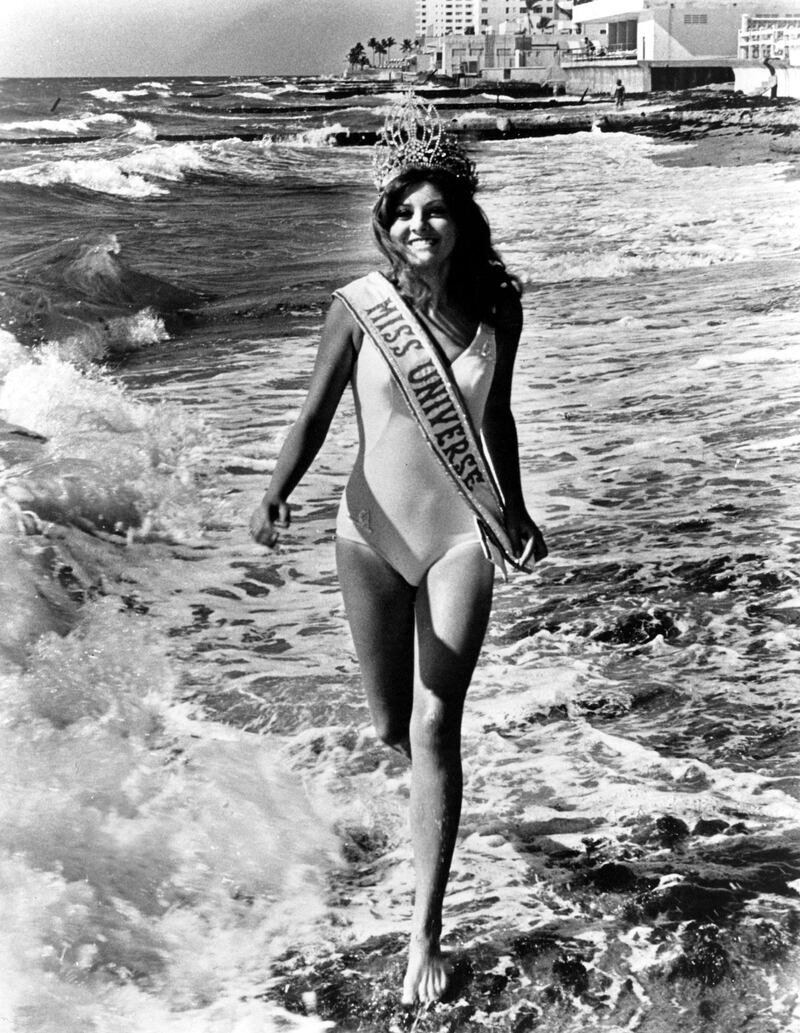 Georgia Risk, Miss Universe 1971, from Lebanon, has some fun after winning her title.  Risk won her title in Miami Beach, Florida in the pageant's final year there until 1997. Courtesy Miss Universe