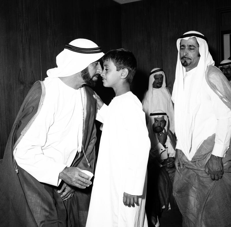 Sheikh Zayed with Sheikh Mohamed in October 1971, two months before the Union was formed. With Sheikh Zayed now the country’s founding President, his sons found themselves increasingly in the public eye. Photo: National Archives