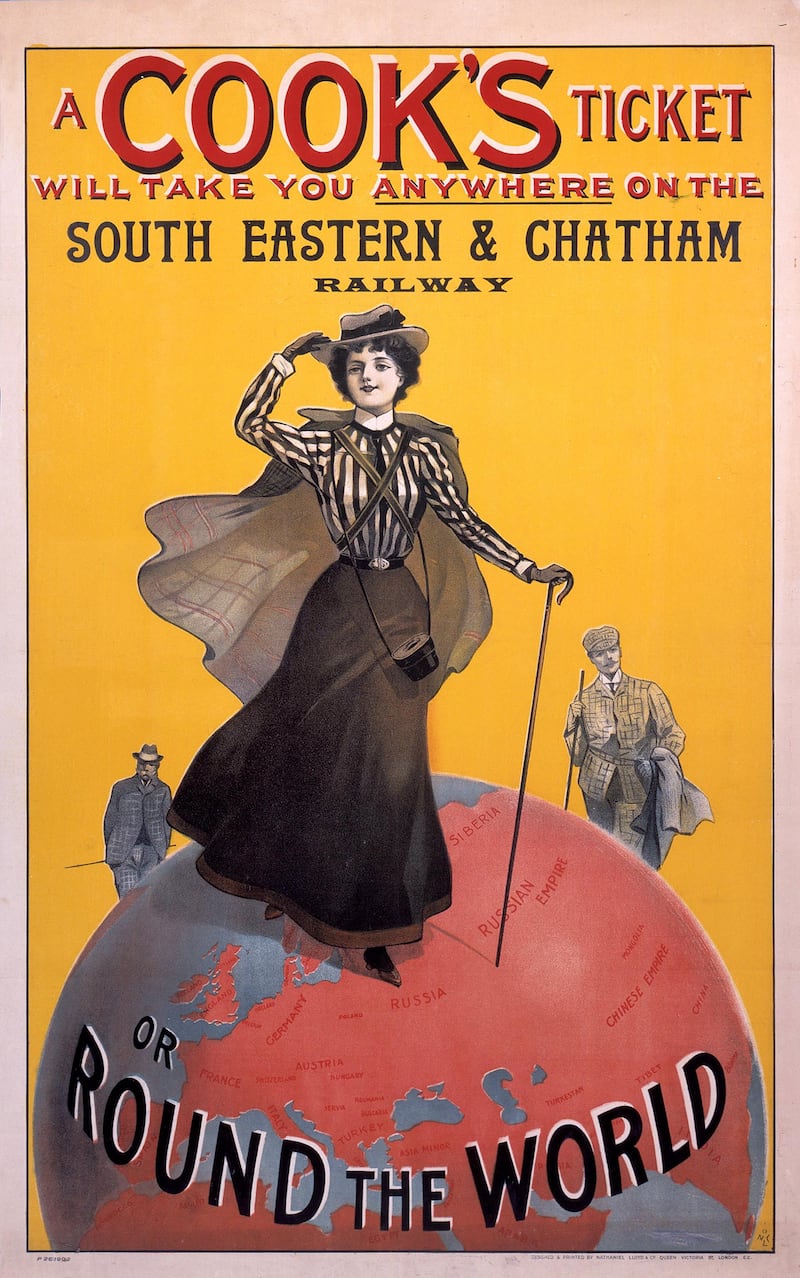 UNITED KINGDOM - NOVEMBER 28:  Ôø?A Cook's Ticket Will Take You Anywhere on the South Eastern & Chatham Railway'. Poster produced for the South Eastern & Chatham Railway (SE&CR) to promote rail links with round the world travel tickets offered by the tour operator Thomas Cook & Son. The poster shows a woman wearing Edwardian walking attire holding a walking stick, standing on a globe. Thomas Cook (1808-1892) established his travel firm in 1841, offering holidays to worldwide destinations. Artwork by an unknown artist.  (Photo by SSPL/Getty Images)