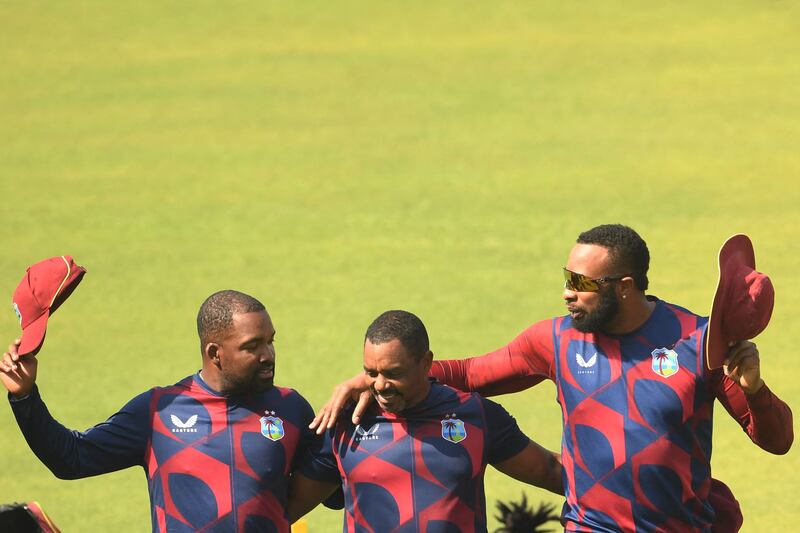 West Indies' captain Kieron Pollard, right, and Darren Bravo, left, during training. AFP