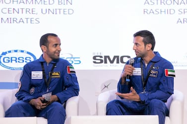 DUBAI, UNITED ARAB EMIRATES. 4 NOVEMBER 2019. UAE astronaut Hazzaa Al Mansoori, left, and Sultan Al Neyadi, at the Young Professionals in Space conference. (Photo: Reem Mohammed/The National) Reporter: Section: