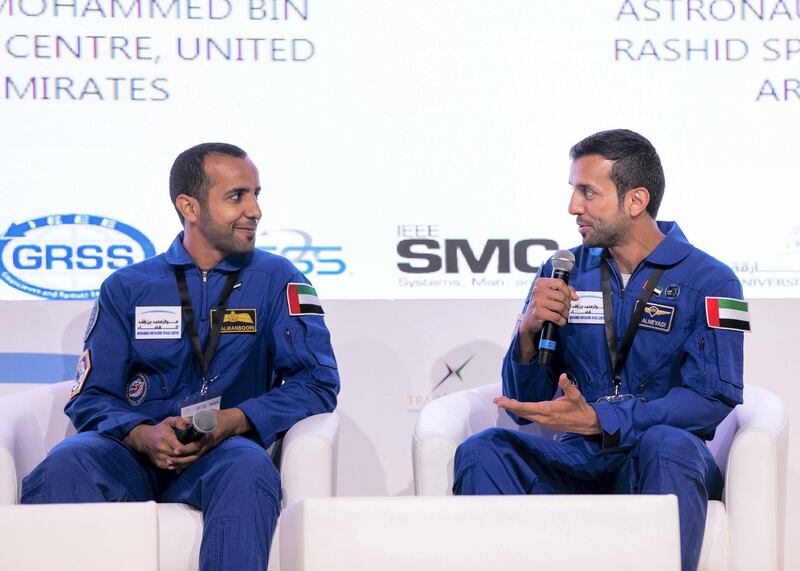 DUBAI, UNITED ARAB EMIRATES. 4 NOVEMBER 2019. 
UAE astronaut Hazzaa Al Mansoori, left, and Sultan Al Neyadi, at the Young Professionals in Space conference.
(Photo: Reem Mohammed/The National)

Reporter:
Section:
