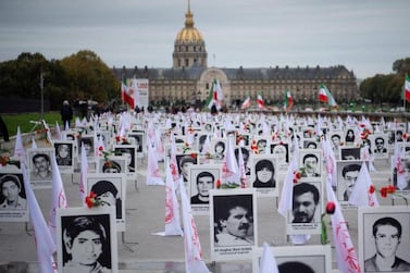 The 1988 executions of thousands of Iranian political prisoners were commemorated by representatives of the People's Mujahedin of Iran in France in 2019. AFP  