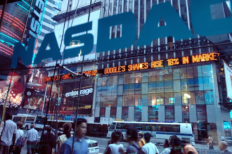 Google's closing share price is displayed in Times Square, New York City, on the company's first day of public trading in August 2004. Getty Images