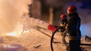 Ukrainian emergency services extinguish a fire in Ivano-Frankivsk region, after Russian attacks. UES