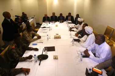 Members of the Sudanese Military Council and the protest movement the Alliance for Freedom and Change meet at the Corinthia Hotel in the capital Khartoum on July 3, 2019. AFP