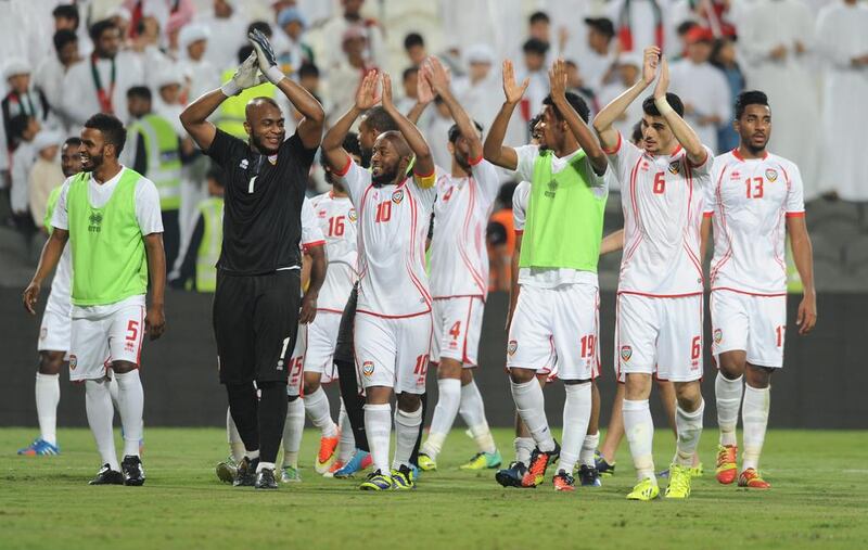 UAE players thank the fans at Mohammed bin Zayed Stadium in Abu Dhabi following their 4-0 thrashing of Hong Kong on Friday night. Abdullateef Al Marzouqi / Al Ittihad