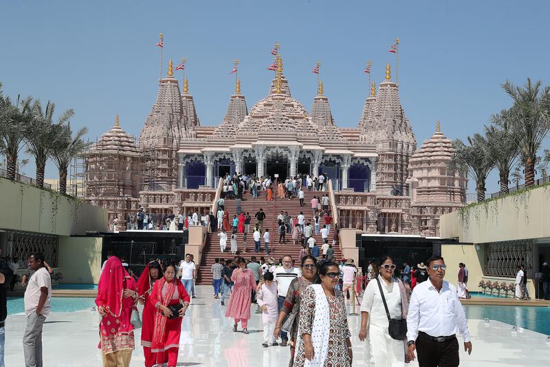 About 65,000 people turned out at the BAPS Hindu Mandir temple in Abu Dhabi on March 3, the first Sunday it was open. All photos: Pawan Singh / The National