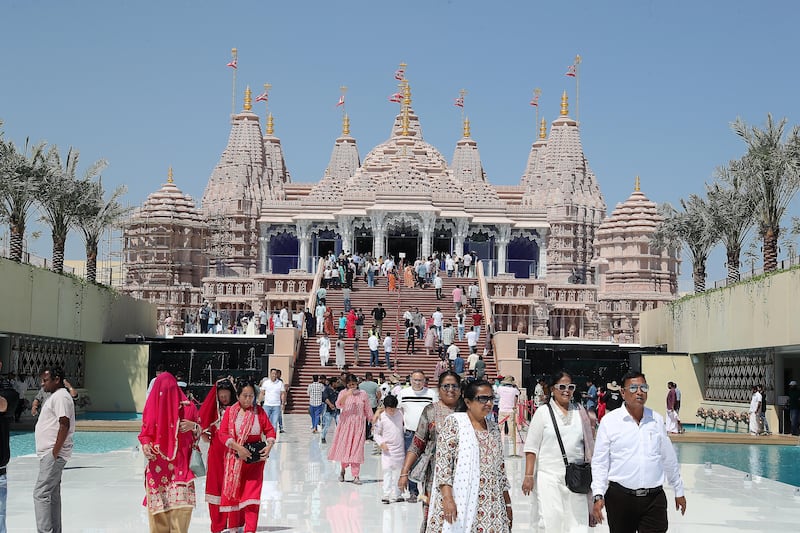 About 65,000 people turned out at the BAPS Hindu Mandir temple in Abu Dhabi on March 3, the first Sunday it was open. All photos: Pawan Singh / The National