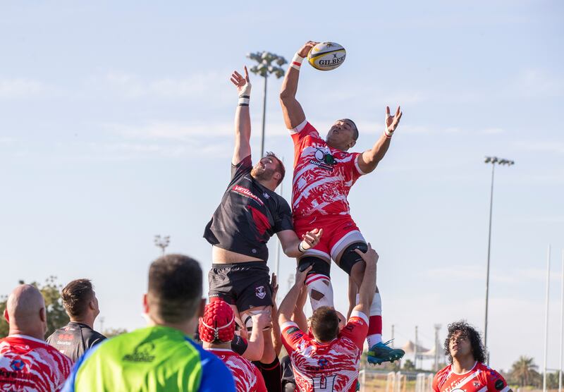 Samuel Tau of Dubai Tigers grabs the ball from a lineout during the UAE Premiership final.