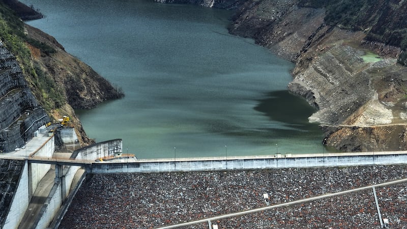 A view of the dam and low water levels in the Mazar reservoir, in Azuay, Ecuador. EPA