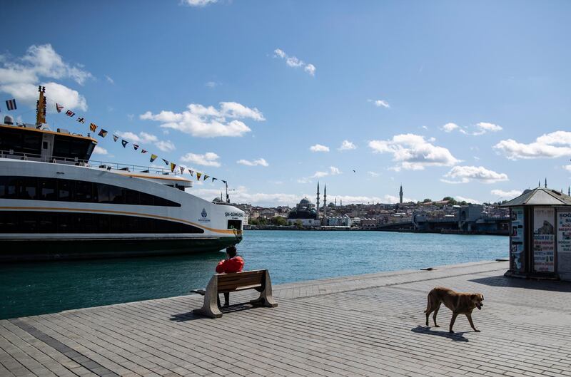 A woman sits on a bench near the Bosphorus during a curfew in Istanbul, Turkey.  EPA