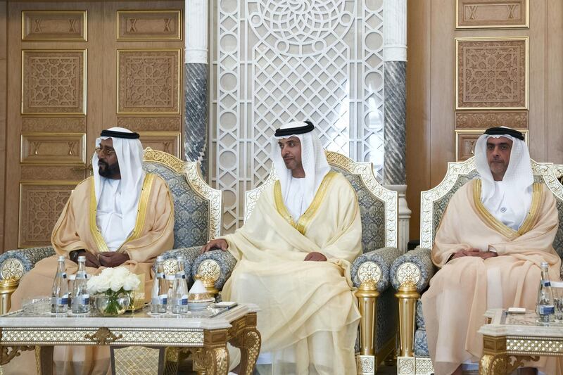 ABU DHABI, UNITED ARAB EMIRATES - October 21, 2018: (L-R) HH Sheikh Tahnoon bin Mohamed Al Nahyan, Ruler's Representative in Al Ain Region, HH Sheikh Hazza bin Zayed Al Nahyan, Vice Chairman of the Abu Dhabi Executive Council and HH Lt General Sheikh Saif bin Zayed Al Nahyan, UAE Deputy Prime Minister and Minister of Interior, attend a meeting with HE Boyko Borisov, Prime Minister of Bulgaria (not shown), at at the Presidential Palace.
( Mohamed Al Hammadi / Crown Prince Court - Abu Dhabi )
---