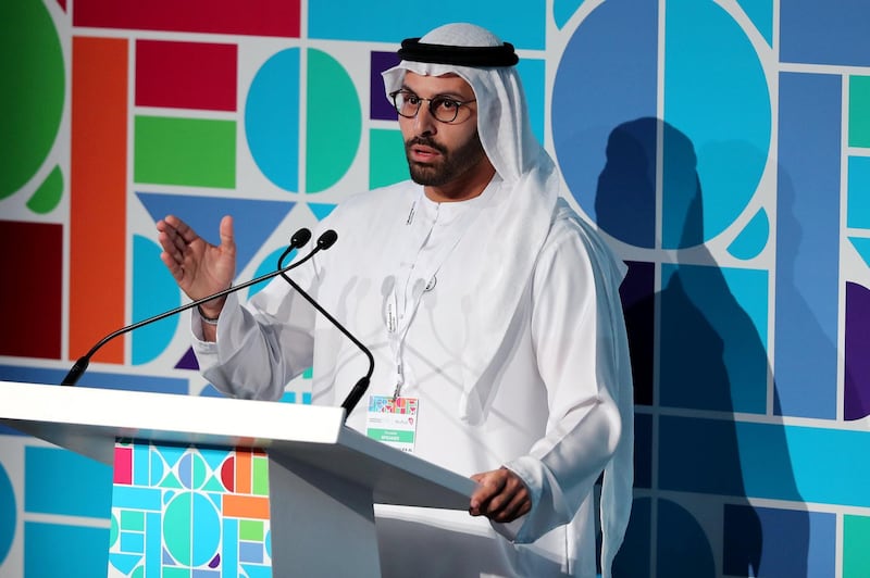 Abu Dhabi, United Arab Emirates - April 08, 2019: HE Mohamed Khalifa al Mubarak, Chairman, Department of Culture and Tourism makes his opening remarks at the Culture Summit 2019. Manarat Al Saadiyat, Abu Dhabi. Chris Whiteoak / The National