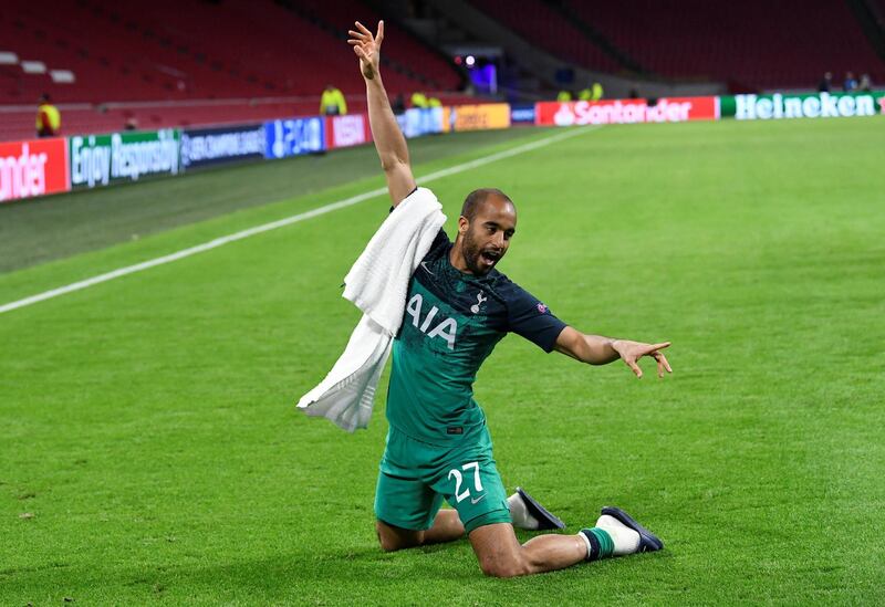 Tottenham's Lucas Moura celebrates in front of the fans after the match. Reuters