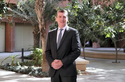 ABU DHABI , UNITED ARAB EMIRATES , February 14 – 2019 :- Niall Hannigan, Chief Financial Officer standing near the wind tower at the  Masdar City in Abu Dhabi.  ( Pawan Singh / The National ) For Business. Story by Nada