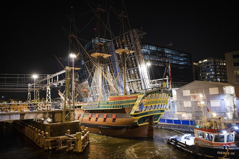 Following renovations, Dutch East India Company ship 'Amsterdam' sails across the River IJ to a temporary berth, from where it will return to the museum jetty at the Scheepvaartmuseum, Amsterdam. EPA