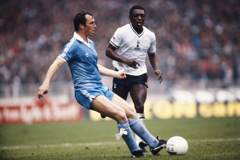 LONDON, UNITED KINGDOM - MAY 09:  Spurs striker Garth Crooks ( r) challenges Man City fullback Bobby McDonald during the 1981 FA Cup Final between Tottenham Hotspur and Manchester City at Wembley Stadium on May 9, 1981 in London, England.  (Photo by Duncan Raban/Allsport/Getty Images)