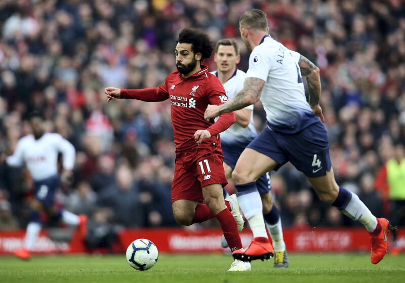 LIVERPOOL, ENGLAND - MARCH 31: Mohamed Salah of Liverpool in action during the Premier League match between Liverpool FC and Tottenham Hotspur at Anfield on March 31, 2019 in Liverpool, United Kingdom. (Photo by Clive Brunskill/Getty Images)