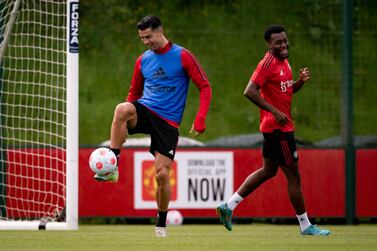 MANCHESTER, ENGLAND - MAY 17: (EXCLUSIVE COVERAGE)  Cristiano Ronaldo of Manchester United in action during a first team training session at Carrington Training Ground on May 17, 2022 in Manchester, England. (Photo by Ash Donelon/Manchester United via Getty Images)