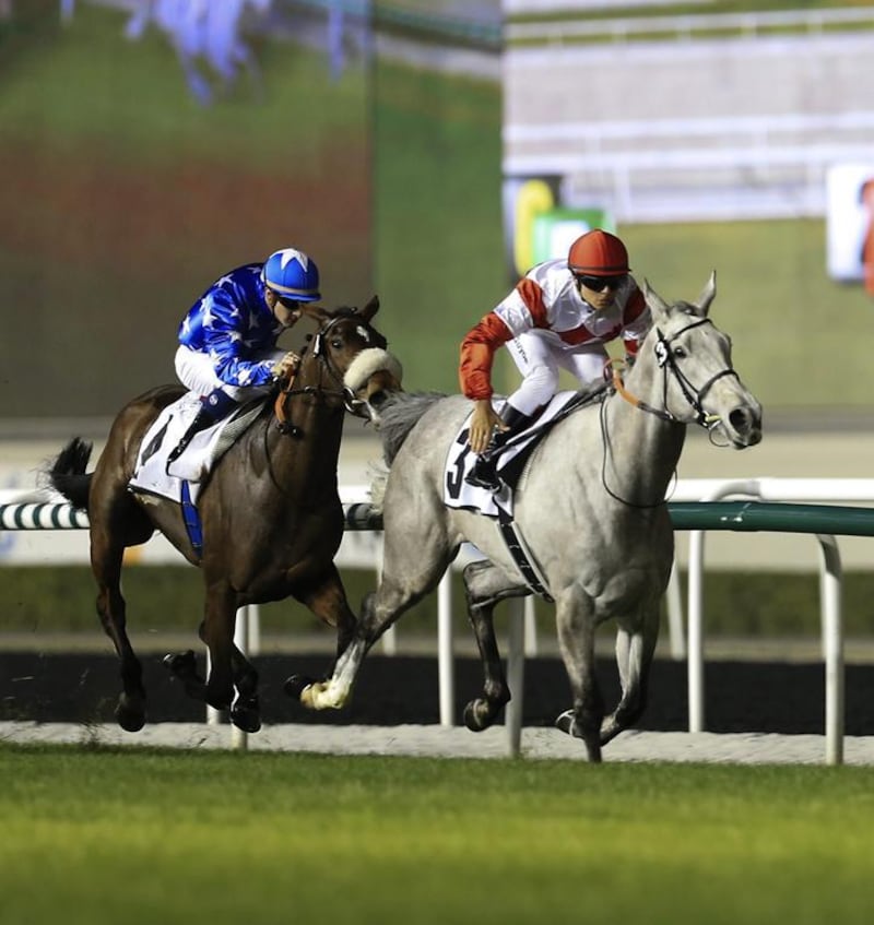 L'Amour De Ma Vie, right, carries jockey Maxime Guyon to the win in Race 5 wat Meydan Racecourse in Dubai, February 20, 2014. Sarah Dea / The National