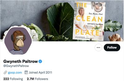 Gwyneth Paltrow now has an NFT profile picture on Twitter. Photo: Twitter