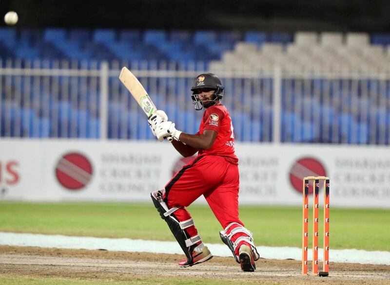 Sharjah, United Arab Emirates - Reporter: Paul Radley. Sport. Cricket. Sharjah's Vriitya Aravind bats. Final of the Emirates D10, Fujairah v Sharjah. Monday, April 5th, 2021. Sharjah. Chris Whiteoak / The National