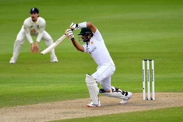 Pakistan's Babar Azam bats during day one of the First Test match at the Emirates Old Trafford, Manchester. PA Photo. Issue date: Wednesday August 5, 2020. See PA story CRICKET England. Photo credit should read: Dan Mullan/NMC Pool/PA Wire. RESTRICTIONS: Editorial use only. No commercial use without prior written consent of the ECB. Still image use only. No moving images to emulate broadcast. No removing or obscuring of sponsor logos.