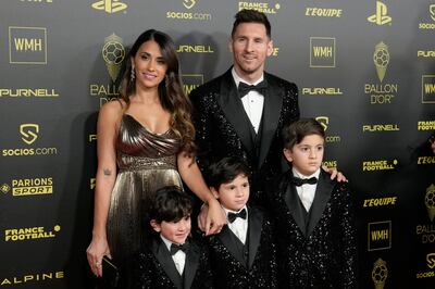 PSG player Lionel Messi, his wife Antonela Roccuzzo and their sons Thiago, Matteo and Ciro arrive for the 65th Ballon d'Or ceremony at Theatre du Chatelet, in Paris. AP Photo