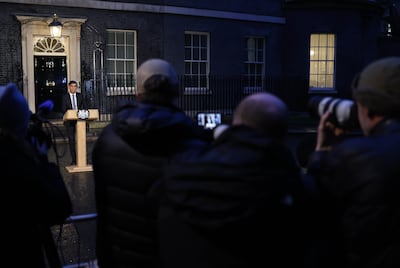 Britain's Prime Minister Rishi Sunak makes a statement at Downing Street in London.