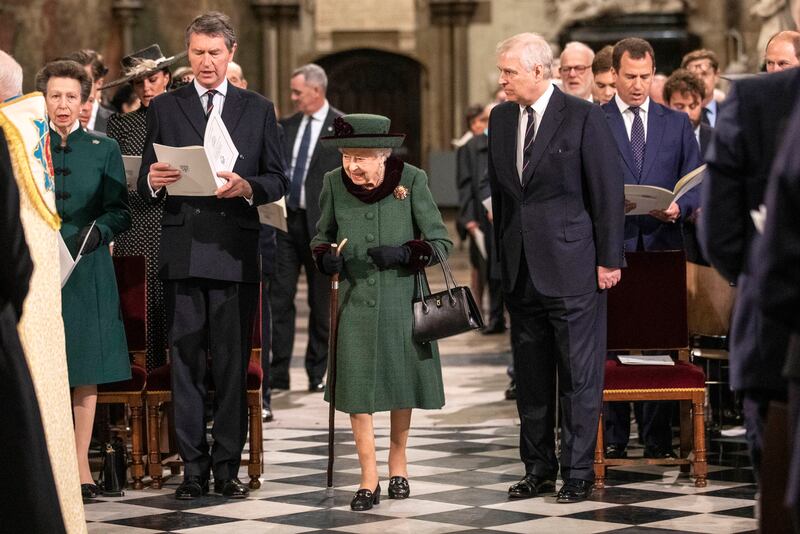 Queen Elizabeth and Prince Andrew arrive at Westminster Abbey. AP Photo