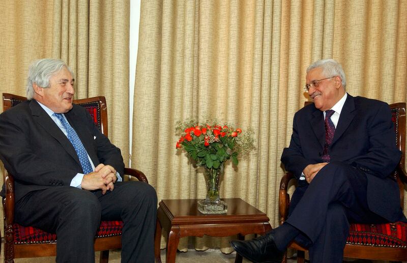 Palestinian President Mahmoud Abbas meets Wolfensohn in Gaza city on July 30, 2005. Getty Images