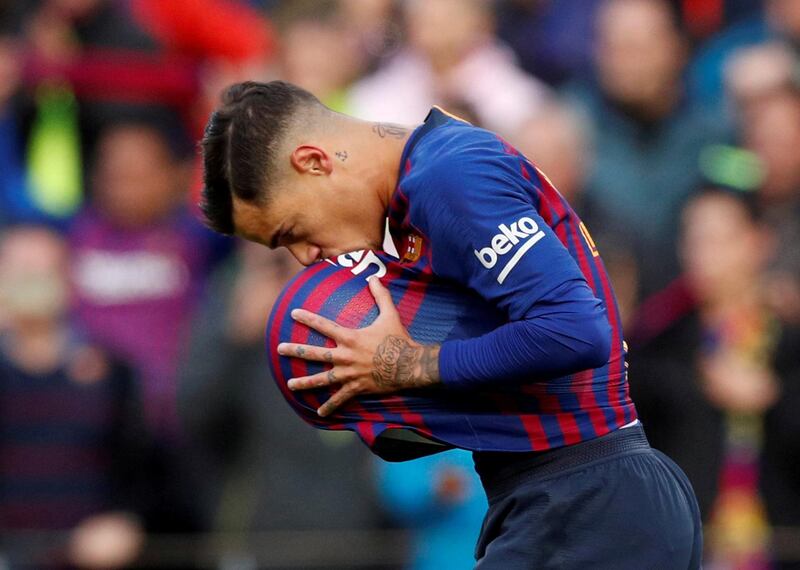 FILE PHOTO: Soccer Football - La Liga Santander - FC Barcelona v Real Madrid - Camp Nou, Barcelona, Spain - October 28, 2018  Barcelona's Philippe Coutinho celebrates scoring their first goal   REUTERS/Albert Gea/File Photo