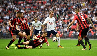 Soccer Football - Premier League - Tottenham Hotspur vs AFC Bournemouth - Wembley Stadium, London, Britain - October 14, 2017   Tottenham's Christian Eriksen scores their first goal    REUTERS/Dylan Martinez    EDITORIAL USE ONLY. No use with unauthorized audio, video, data, fixture lists, club/league logos or "live" services. Online in-match use limited to 75 images, no video emulation. No use in betting, games or single club/league/player publications. Please contact your account representative for further details.