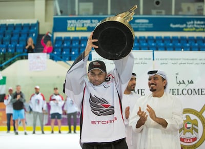 ABU DHABI, UNITED ARAB EMIRATES - AD storms team captain Juma Al Dhaheri with the rophy at the AD Storms vs Belarus final game at the Ice Hockey President Cup 2018, Zayed Sport City Ice Rink, Abu Dhabi.  Leslie Pableo for The National