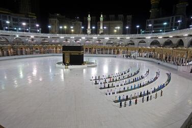 A few worshippers performing the fajr prayer at the Grand Mosque in Makkah.. AFP 