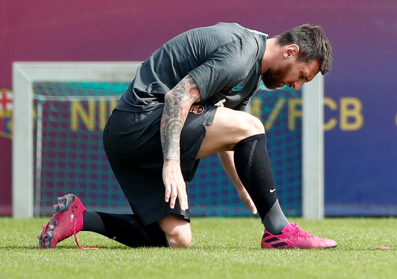 Barcelona's Lionel Messi during training at Ciutat Esportiva Joan Gamper, Barcelona, Spain ahead of Barca's trip to Germany to face Borussia Dortmund in the Champions League. Reuters