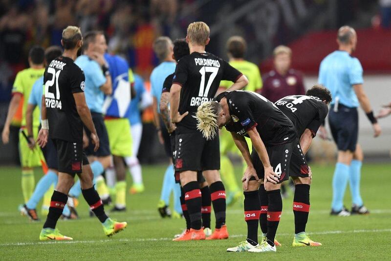 Bayer Leverkusen’s Kevin Kampl, left, and Admir Mehmedi look dejected after the match against CSKA Moscow. Leverkusen let slip a 2-0 lead to draw 2-2. Martin Meissner / AP Photo