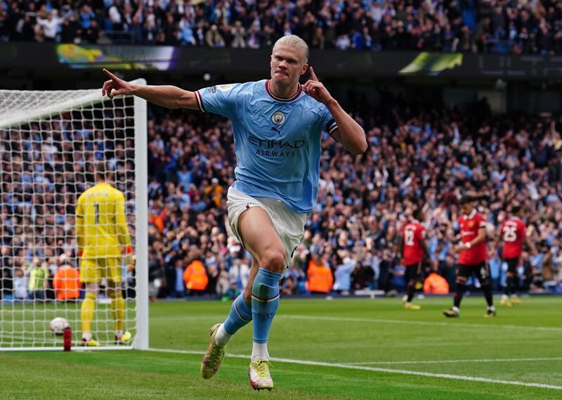 Erling Haaland celebrates scoring Manchester City's third goal - and his second. PA