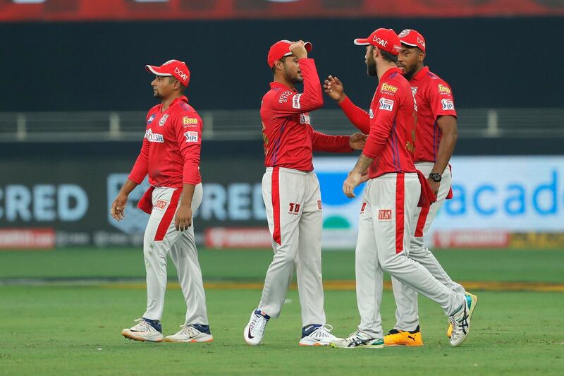 The Kings XI Punjab celebrates the wicket during match 2 of season 13 of Dream 11 Indian Premier League (IPL) between Delhi Capitals and Kings XI Punjab held at the Dubai International Cricket Stadium, Dubai in the United Arab Emirates on the 20th September 2020.  Photo by: Saikat Das  / Sportzpics for BCCI