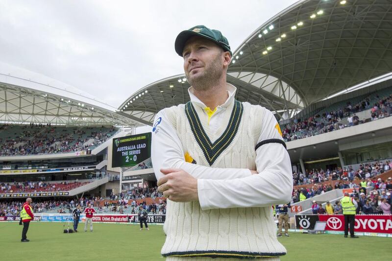 Michael Clarke admires his side's handiwork after Australia defeated England on Day 5 of the second Ashes Test in Adelaide on Monday. James Elsby / AP Photo