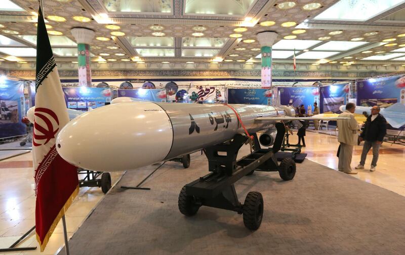 Hoveizeh, Iran's new cruise missile is exposed during an exhibition in the capital Tehran on February 2, 2019. Iran announced the succesful test of a new cruise missile with a range of over 1,350 kilometres on today, state TV reported. / AFP / ATTA KENARE
