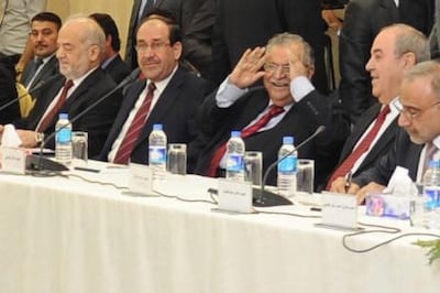 (From R -L) Iraq's Vice President Adel Abdul-Mahdi, former Iraq's Prime Minister Iyad Allawi, Iraq's President Jalal Talabani, Prime Minister Nuri al-Maliki and former Prime Minister and the Head of Current National Reform Ibrahim al-Jaafari attend a meeting in Arbil, some 310 km (190 miles) north of Baghdad November 8, 2010. Iraq's political blocs met on Monday to try to break an eight month deadlock over forming a new government, a move increasingly expected to assure incumbent Prime Minister Nuri al-Maliki of a second term. REUTERS/Iraqi Government/Handout (IRAQ - Tags: POLITICS) FOR EDITORIAL USE ONLY. NOT FOR SALE FOR MARKETING OR ADVERTISING CAMPAIGNS. THIS IMAGE HAS BEEN SUPPLIED BY A THIRD PARTY. IT IS DISTRIBUTED, EXACTLY AS RECEIVED BY REUTERS, AS A SERVICE TO CLIENTS *** Local Caption ***  BAG102_IRAQ-POLITIC_1108_11.JPG