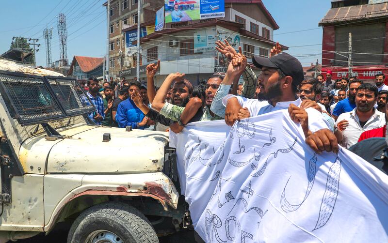 Kashmiri Muslims march in Srinagar. EPA
