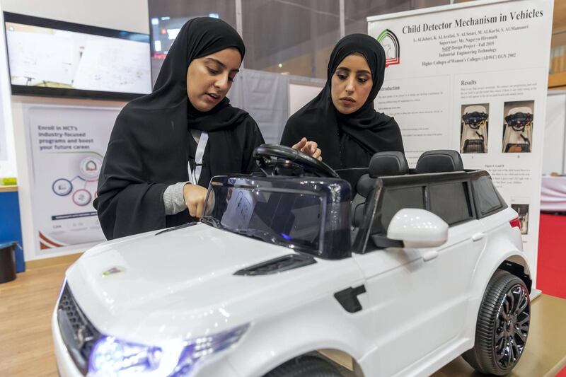 ABU DHABI, UNITED ARAB EMIRATES. 02 FEBRUARY 2020. The largest youth engagement event in the Middle East, The Middle East Youth Expo 2020,  held at the Mubadala Arena located in Zayed Sports City. LtoR: Marwa Salem Alkarbi and Khulood Khaled Alarafati with their model of a Child Detector device in vehicles. (Photo: Antonie Robertson/The National) Journalist: Kelly Clarke. Section: Business.

