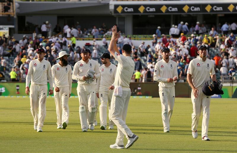 England players leave the ground at the conclusion of the second day of their Ashes cricket test match against Australia in Perth, Australia, Friday, Dec. 15, 2017. (AP Photo/Trevor Collens)