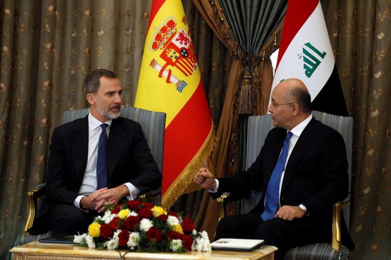 Spain's King Felipe meets with Iraq's President Barham Salih during his visit in Baghdad. Reuters