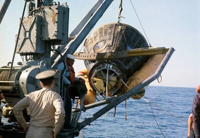 The Gemini VIII capsule being recovered after its trip to space. Photo: Nasa