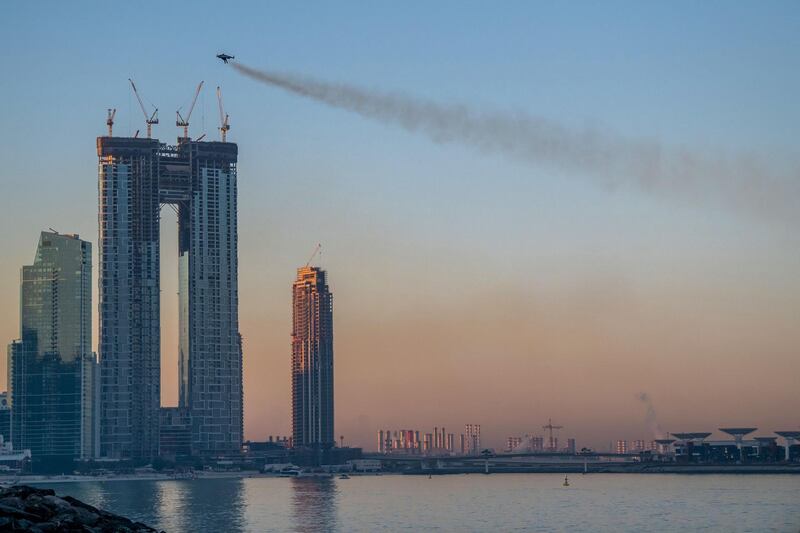 Vince Reffet, known as Jetman, takes part in a flight in Dubai in February 2020. AFP / Expo 2020