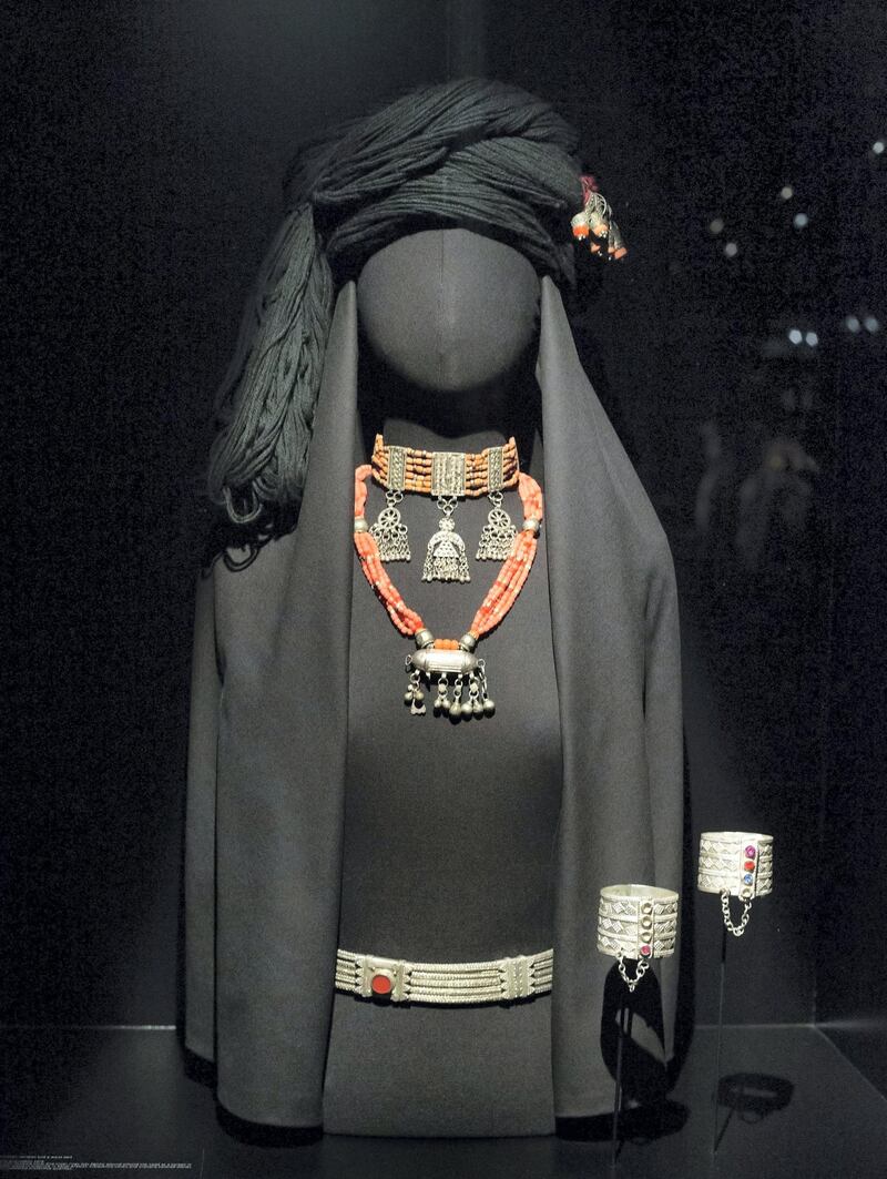 DUBAI, UNITED ARAB EMIRATES -A jewelry ensemble, headpiece, necklace, bangles and waist belt on display at the Hidden Treasures, a look at early 20th century Saudi Arabia jewelry,  show how diverse the different regions fashion was. Leslie Pableo for The National